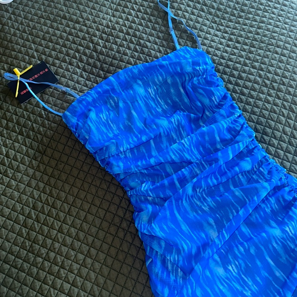 Blue print mesh bodycon mini dress